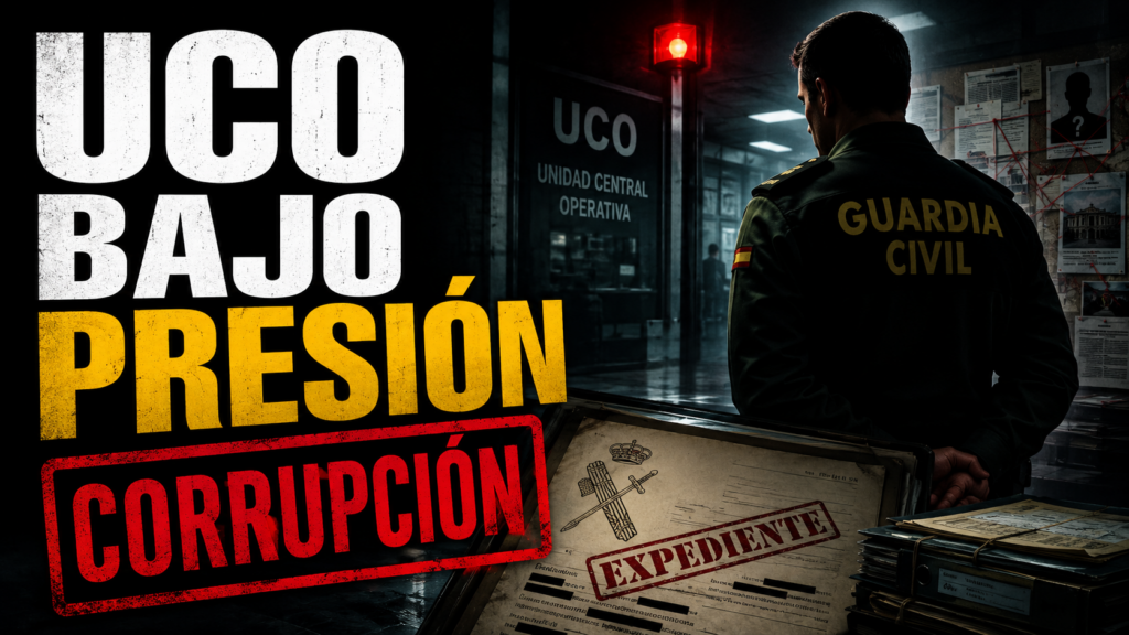 Miniatura sobre la UCO bajo presión, con un guardia civil de espaldas, expedientes y la palabra corrupción en rojo