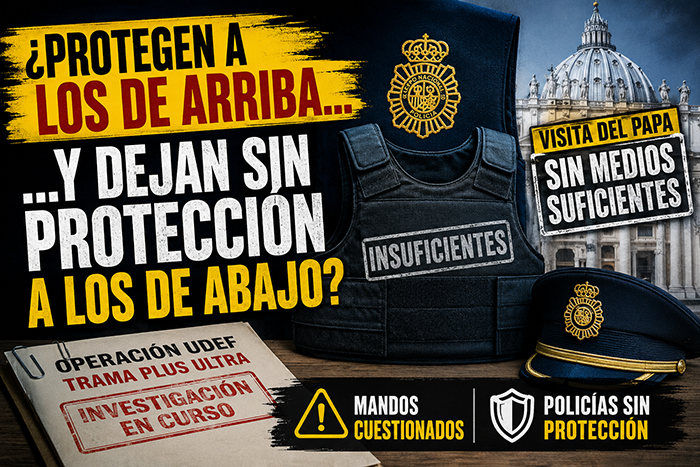 Chaleco antibalas de la Policía Nacional con mensaje sobre falta de protección durante la visita del Papa