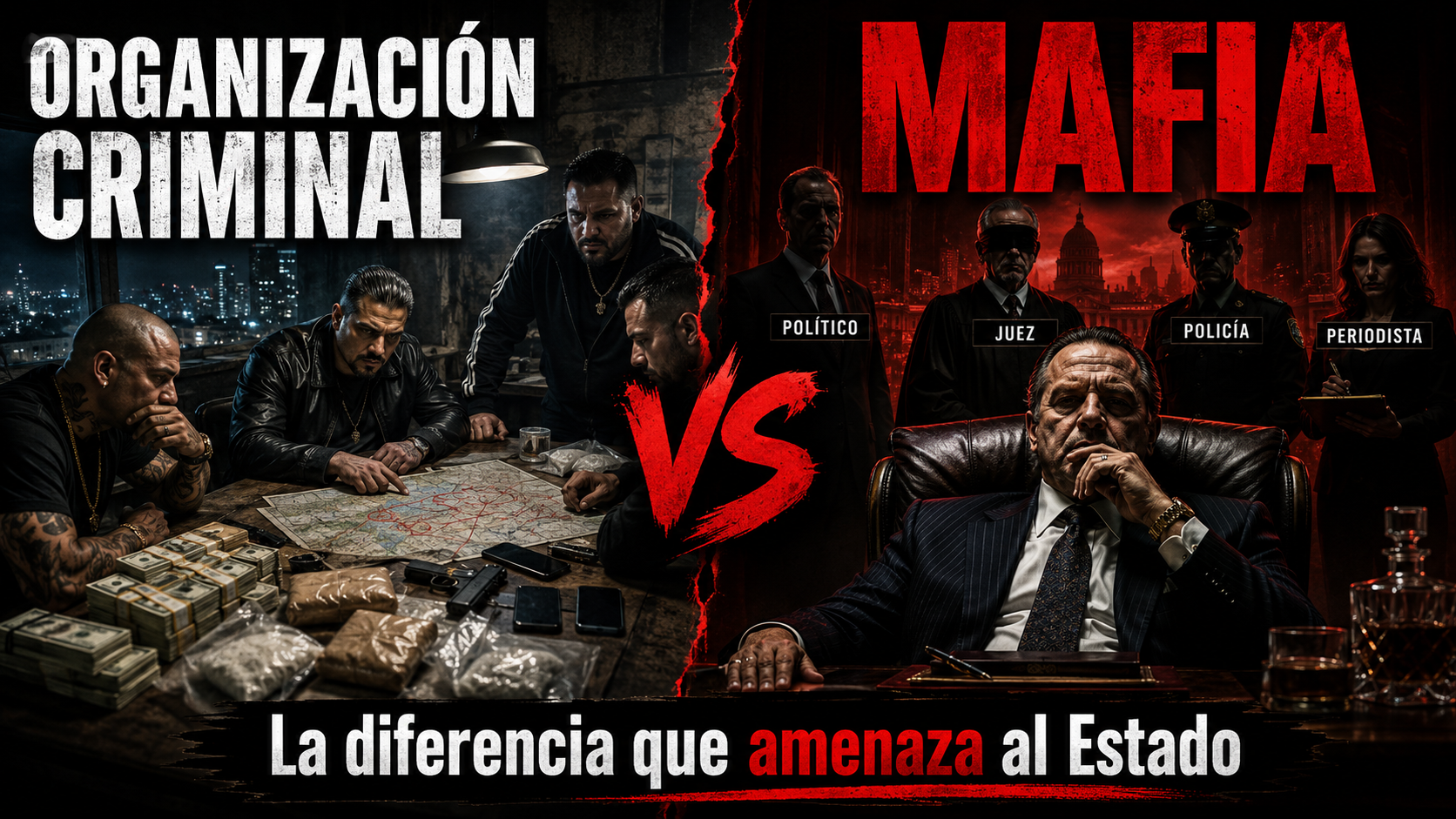 Miniatura del vídeo Mafia vs organización criminal, con una composición oscura de crimen organizado frente a poder mafioso, políticos, jueces, policía y prensa bajo amenaza.
